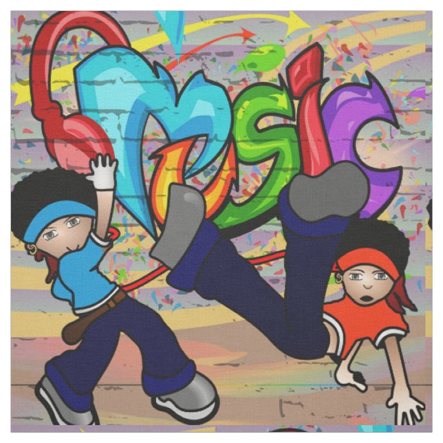 Hip Hop Dancing Kids Graffiti Wall Fabric (Swatch)
