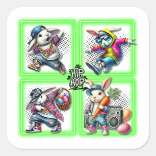 Hip Hop Easter Bunny Buddies, Music, Neon Green Square Sticker