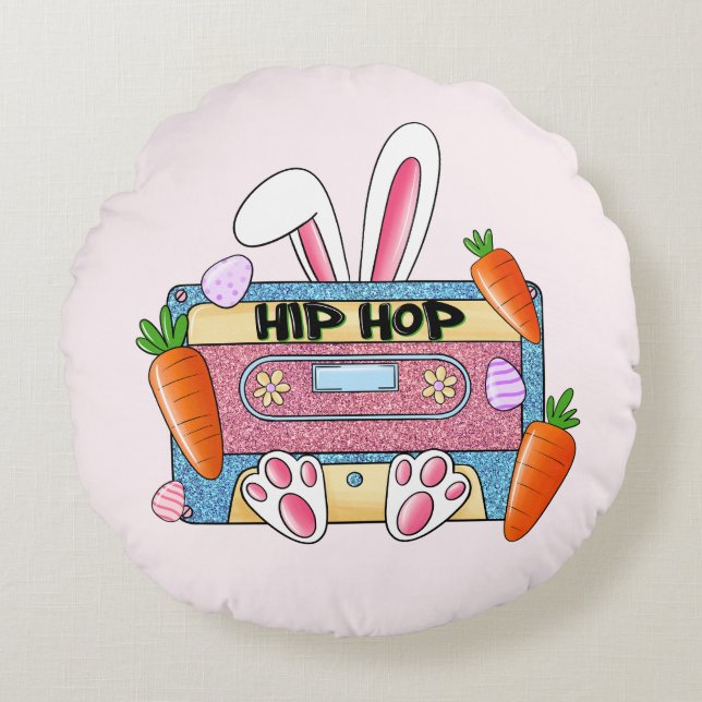Hip-Hop Easter Bunny Mixtape – Retro Cassette Round Pillow (Front)