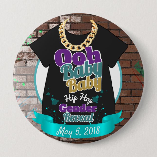 Hip Hop Gender Reveal Purple & Teal Button (Front)