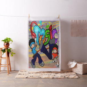 Hip Hop Kids Dancing By Graffiti Wall -Lg Print Fabric