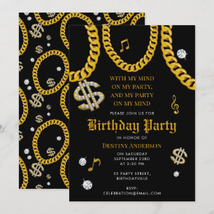 Hip Hop Music Gold Cuban Link Chain 90's Birthday Invitation