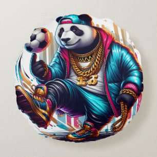 Hip Hop Panda Soccer Football Summer Sports Round Pillow