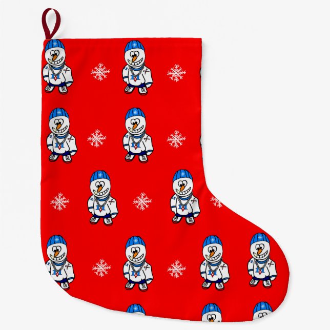 Hip Hop Rapper Snowman and Snowflakes Large Christmas Stocking (Front)