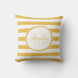 Hip Horizontal Stripes Monogram and Name in Yellow Throw Pillow