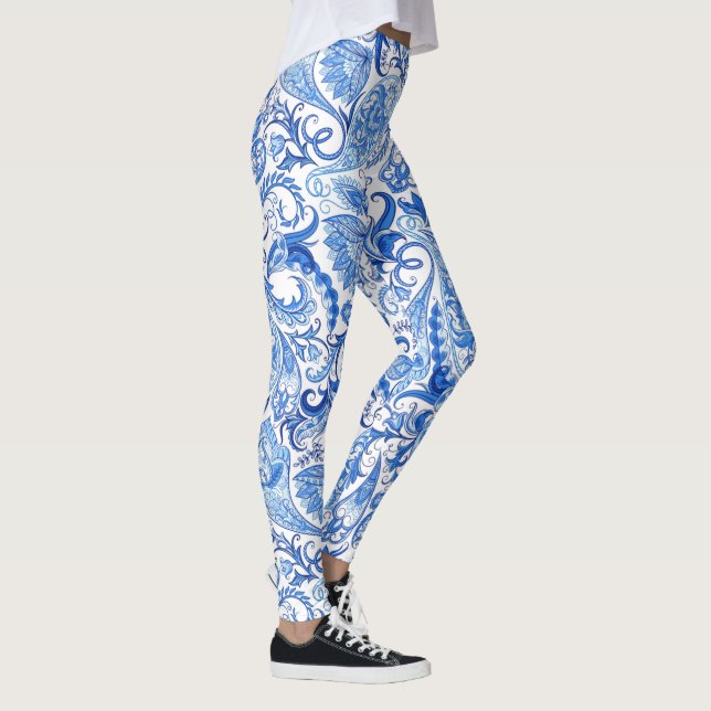 Hip Light And Dark Blue White Floral Paisley Art Leggings (Right)