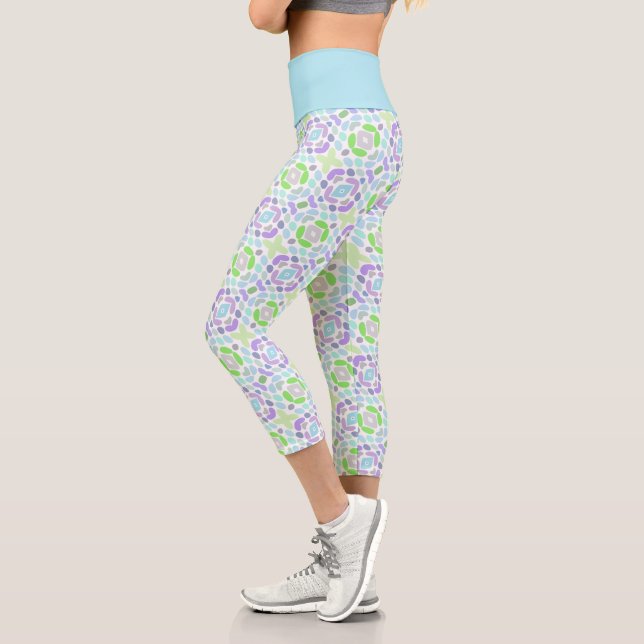 Hip Light Blue Pink Purple Lime Green Tribal Art Capri Leggings (Left)