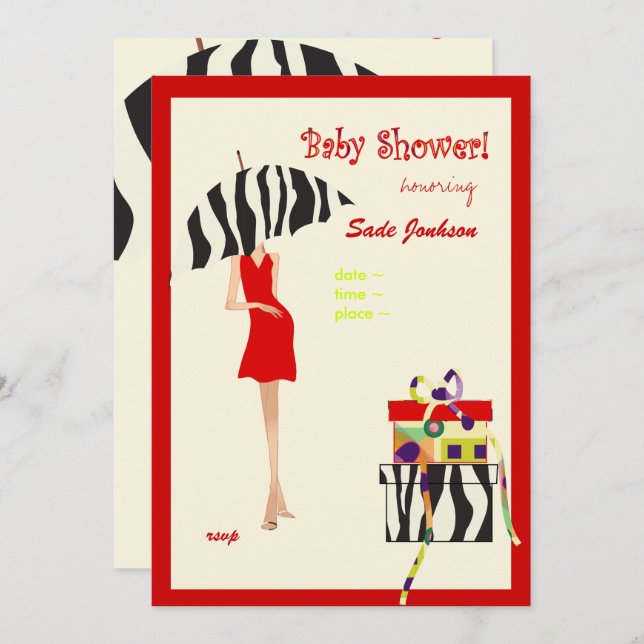 Hip Mama Baby Shower/ red dress / zebra stripes Invitation (Front/Back)