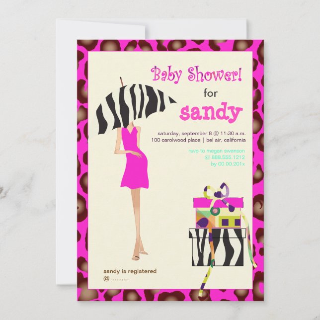 Hip mama, hot pink jaguar/zebra baby shower invitation (Front)