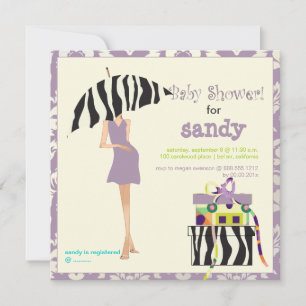 Hip mama, purple damask/zebra baby shower invitation