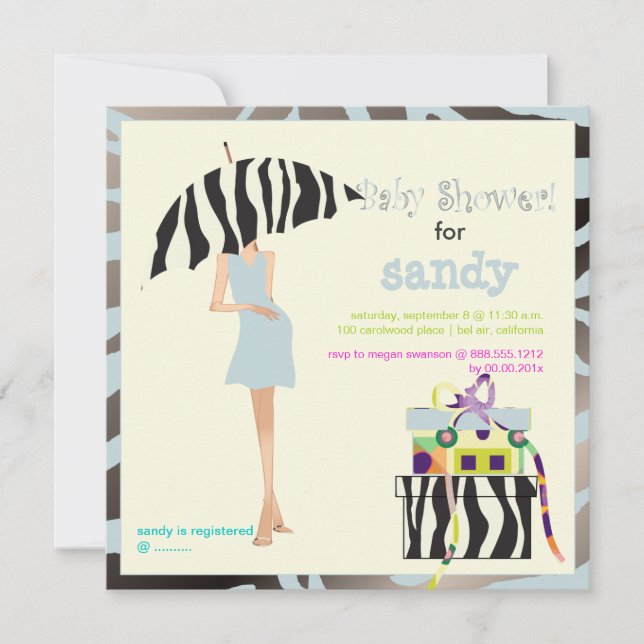 Hip mama, silver blue zebra baby shower invitation (Front)