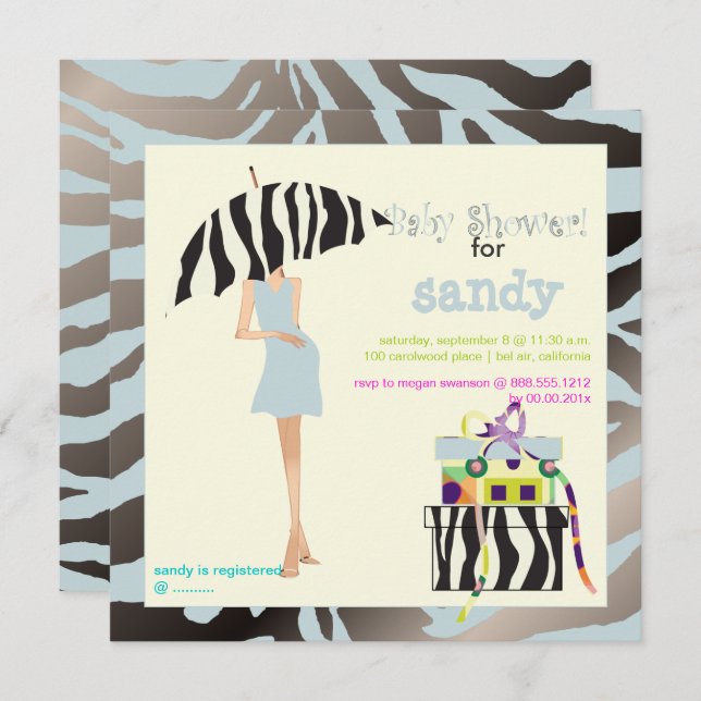 HIP MAMA, SILVERY BLUE ZEBRA BABY SHOWER INVITES (Front/Back)
