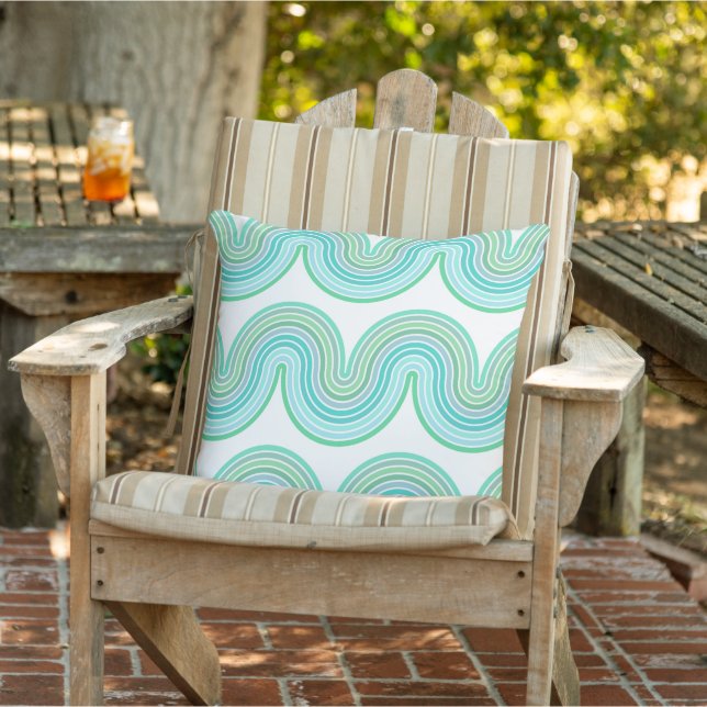Hip Mint Green Turquoise Blue White Wave Pattern Outdoor Pillow (Chair)