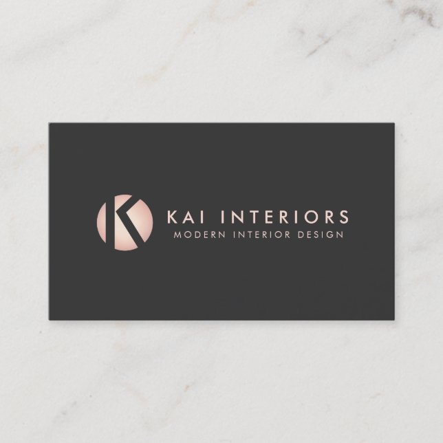 Hip Modern Rose Gold Monogram Designer Black Business Card (Front)