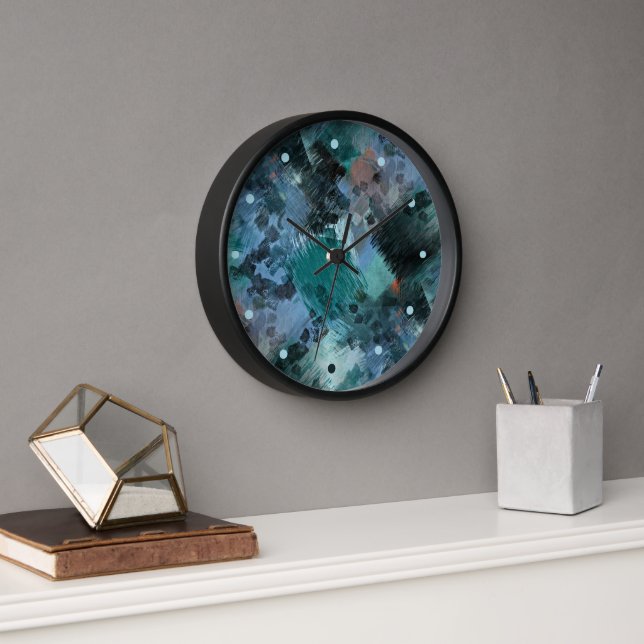 Hip Modern Teal Green Violet Blue Brushstrokes Art Clock (Office)