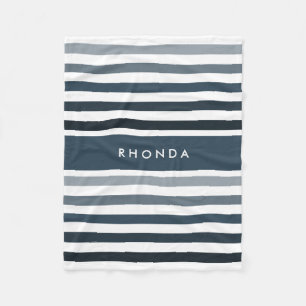 Hip Ombre Stripes Pattern With Name in Deep Blue Fleece Blanket