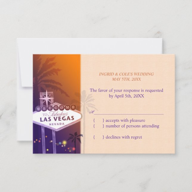 Hip Orange Purple Las Vegas Wedding RSVP Card (Front)
