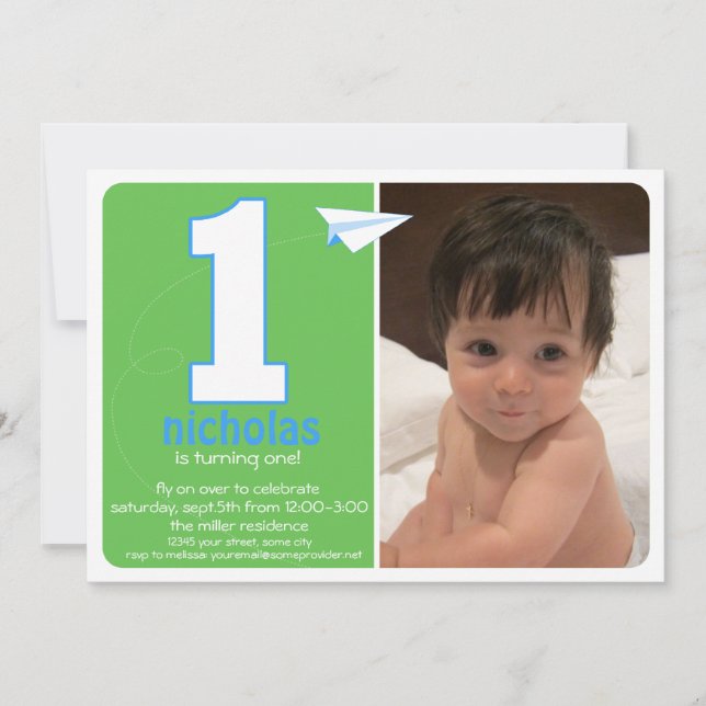 Hip Paper Airplane One Year Photo Invite 2 (Front)