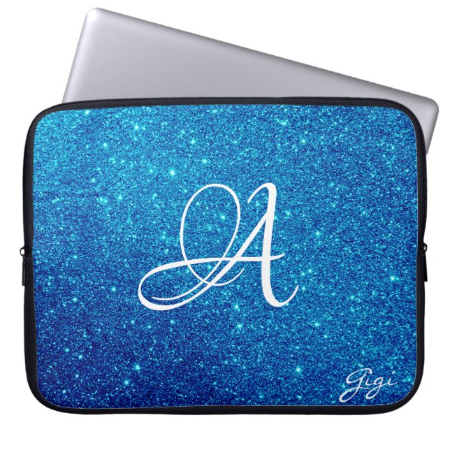 Hip Personalized blue Glitter Sparkles monogrammed Laptop Sleeve (Front)