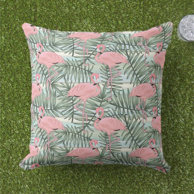 Hip Pink Flamingoes Cute Palm Leafs Pattern Outdoo Outdoor Pillow (Grass)