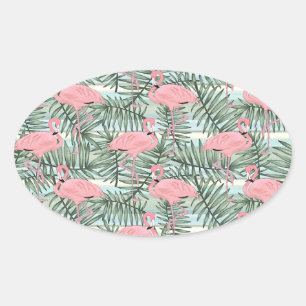 Hip Pink Flamingoes Cute Palm Leafs Pattern Oval Sticker