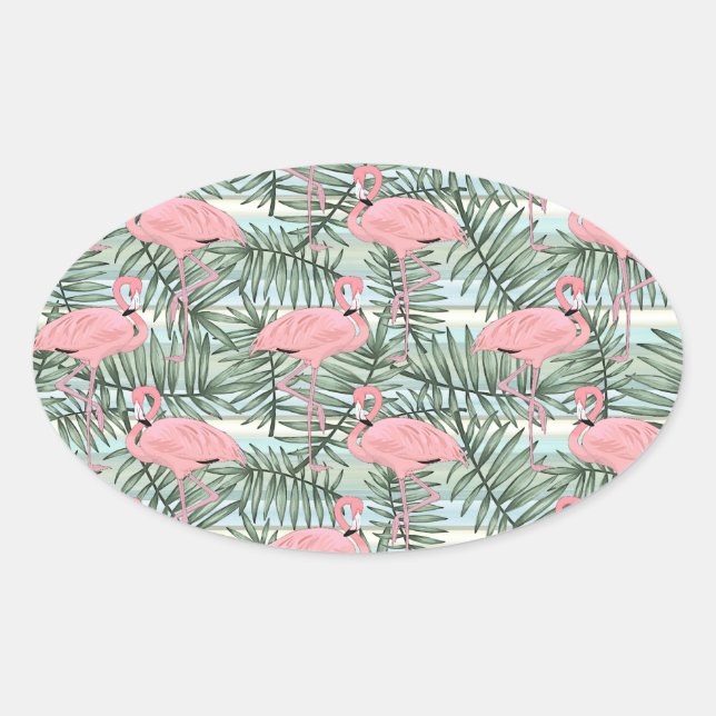 Hip Pink Flamingoes Cute Palm Leafs Pattern Oval Sticker (Front)