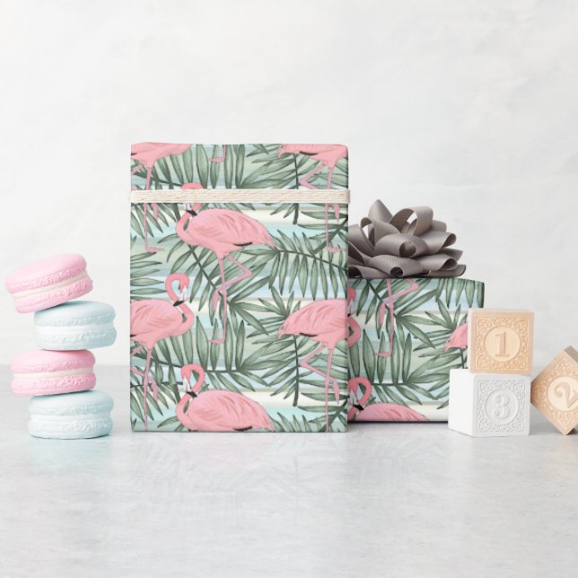 Hip Pink Flamingoes Cute Palm Leafs Pattern Wrapping Paper (Baby Shower)