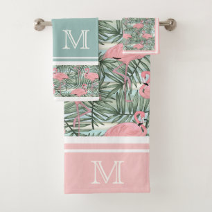 Hip Pink Flamingoes Palm Leafs Pattern Custom Bath Towel Set
