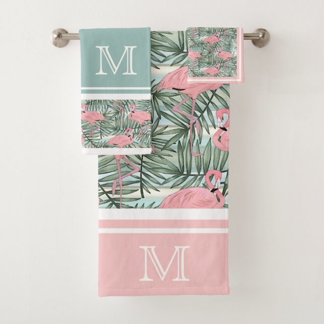 Hip Pink Flamingoes Palm Leafs Pattern Custom Bath Towel Set (Insitu)