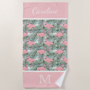 Hip Pink Flamingoes Palm Leafs Pattern Custom Beach Towel