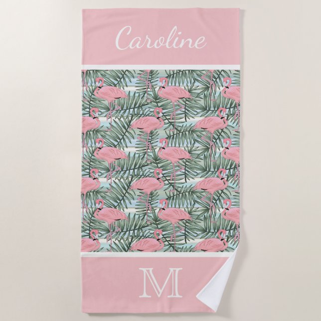Hip Pink Flamingoes Palm Leafs Pattern Custom Beach Towel (Front)
