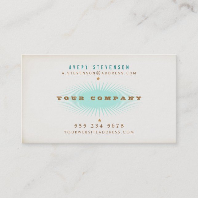 Hip Retro Style Typography Turquoise Burst Business Card (Front)