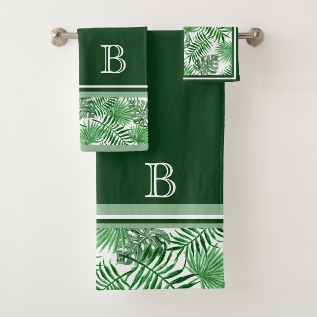 Hip Retro Tropical Green Palm Leafs Pattern Custom Bath Towel Set (Insitu)