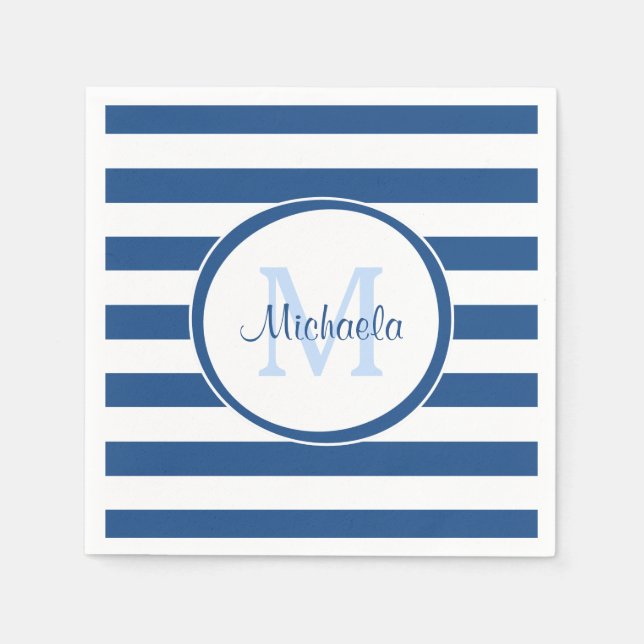 Hip Rich Blue Monogram and Horizontal Stripes Napkin (Front)
