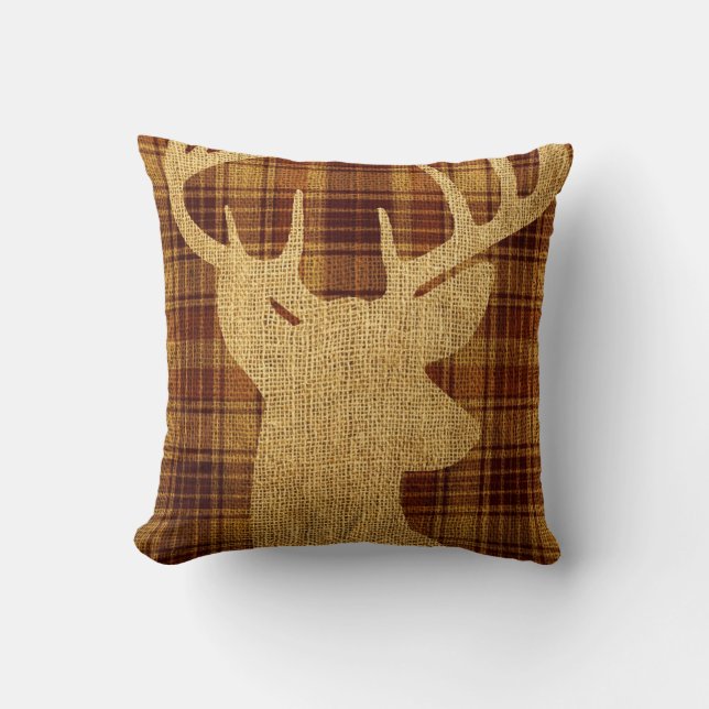Hip Rustic Deer Silhouette on Plaid Throw Pillow (Front)