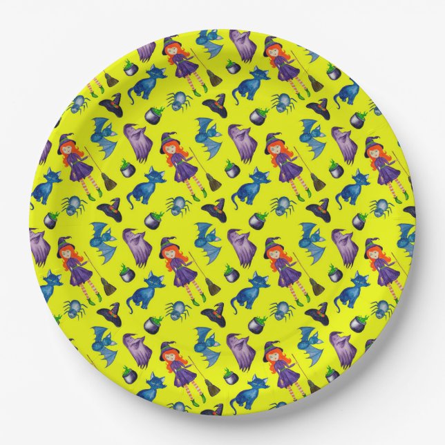 Hip spooky witch Halloween party supplies yellow Paper Plate (Front)