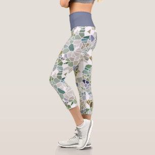Hip Teal Blue Grey Black Terrazzo Mosaic Art Print Capri Leggings