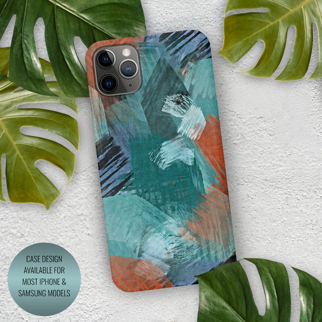 Hip Teal Blue Mint Green Orange Brushstrokes Art iPhone Case (Creator Uploaded)