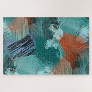 Hip Teal Blue Mint Green Orange Brushstrokes Art Jigsaw Puzzle