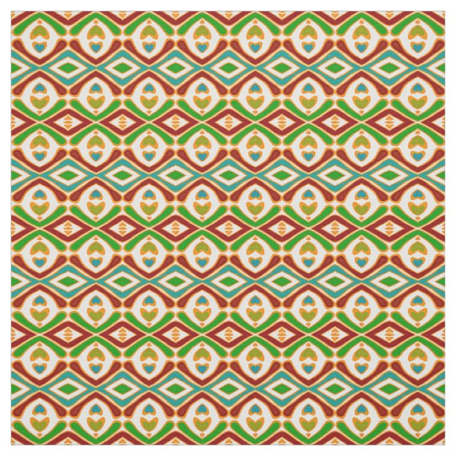 Hip Teal Blue Red Orange Green Tribal Art Pattern Fabric (Swatch)