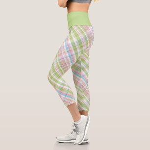 Hip Violet Pink Turquoise Green Blue Plaid Pattern Capri Leggings