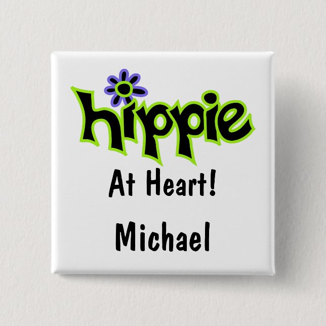 Hippie at Heart Black Lime Green Art Name Badge 2 Inch Square Button (Front)