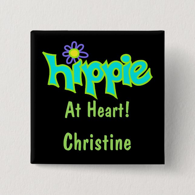 Hippie at Heart Turquoise Art Black Name Badge 2 Inch Square Button (Front)