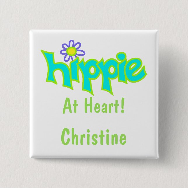 Hippie at Heart Turquoise Art Name Badge 2 Inch Square Button (Front)