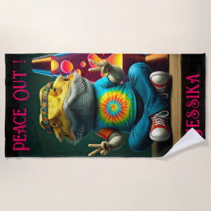Hippie Bearded Dragon Peace Retro Custom  Beach Towel