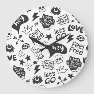 Hippie Black & White: Vintage Style Large Clock