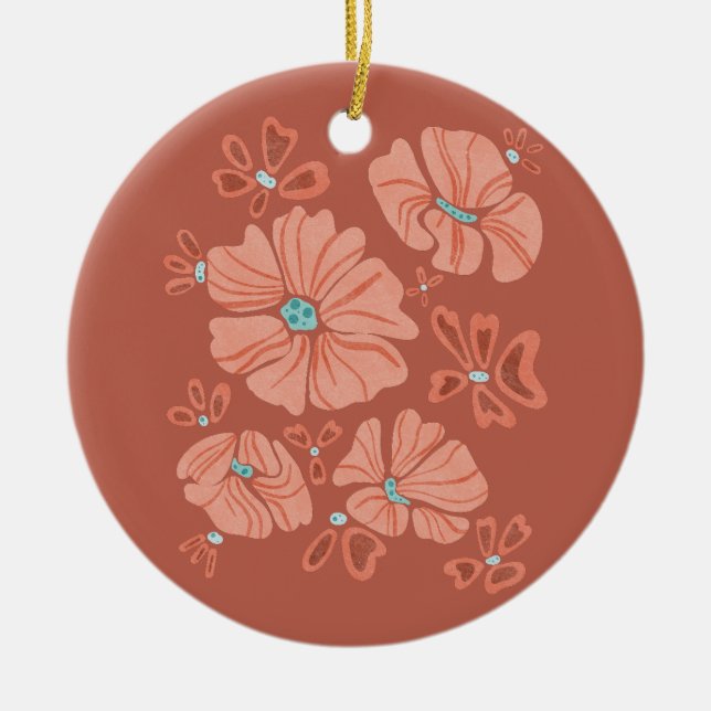 Hippie Blooms: Abstract Red Flower Power Artwork Ceramic Ornament (Front)