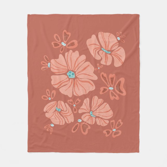 Hippie Blooms: Abstract Red Flower Power Artwork Fleece Blanket (Front)