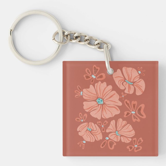 Hippie Blooms: Abstract Red Flower Power Artwork Keychain (Front)