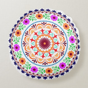 Hippie bohemian floral design round pillow-white round pillow